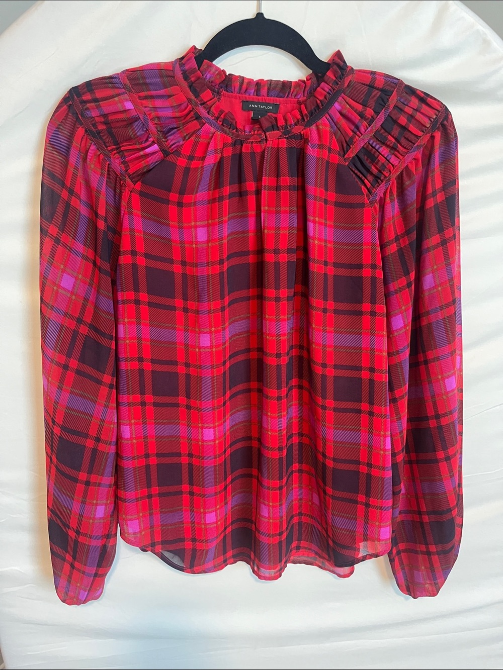 Ann Taylor Red Plaid Ruffle-Neck Long Sleeve Blouse